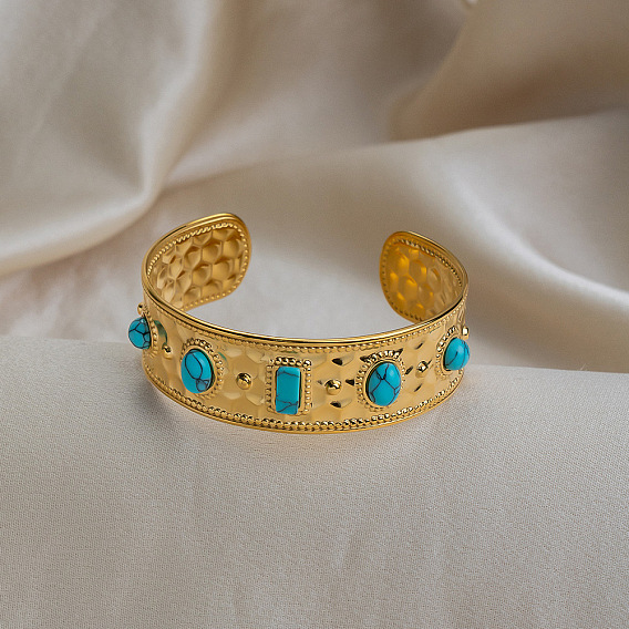 Vintage 304 Stainless Steel Pave Synthetic Turquoise Cuff Bangles for Women, Oval & Rectangle & Half Round