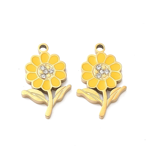 304 нержавеющей стальной эмали подвески, со стразами, прелести подсолнуха, ионное покрытие (ip), реальный 18 k позолоченный