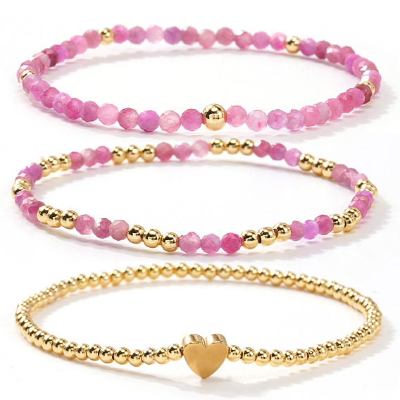 3Шт. браслеты из натурального турмалина и латунных круглых и сердечных бусин для женщин, золотые