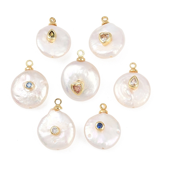 Подвески из латуни с микропаве из кубического циркония и натуральным жемчугом, плоские круглые прелести, стойки покрытие, долговечный, без кадмия и без свинца, реальный 18 k позолоченный