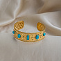 Vintage 304 Stainless Steel Pave Synthetic Turquoise Cuff Bangles for Women, Oval & Rectangle & Half Round