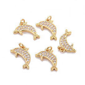 Brass Micro Pave Cubic Zirconia Charms, Long-Lasting Plated, with Jump Rings, Dolphin, Clear