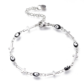 304 Stainless Steel Link Bracelets, with Enamel and Lobster Claw Clasps, Evil Eye & Cross, Stainless Steel Color