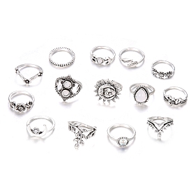 14Pcs 14 Style Rhinestone Finger Rings Set, Flower & Leaf & Moon & Crown Alloy Stackable Rings for Women