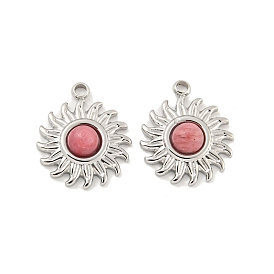 Natural Rhodonite Sun Charms, with 304 Stainless Steel Findings
