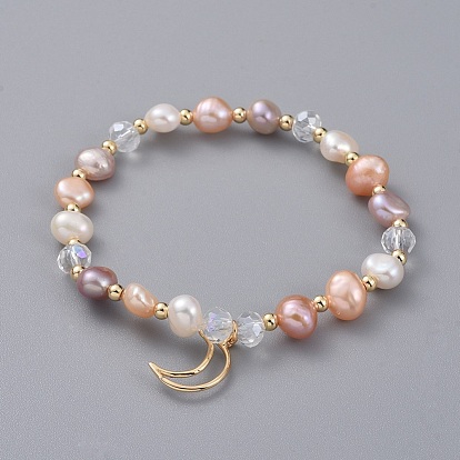 Charm Bracelets, with Natural Cultured Freshwater Pearl Beads, Glass Beads, Brass Round Spacer Beads and Brass Pendants, Moon, with Burlap Bags