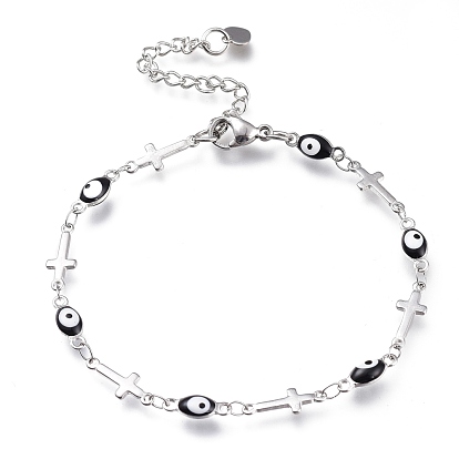 304 Stainless Steel Link Bracelets, with Enamel and Lobster Claw Clasps, Evil Eye & Cross, Stainless Steel Color