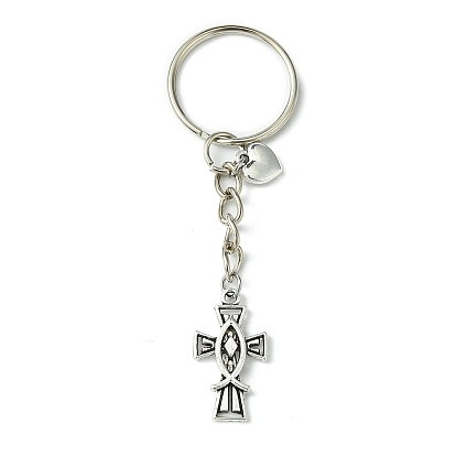 Alloy Cross with Jesus Fish & Heart Pendant Keychain, with Iron Split Key Rings