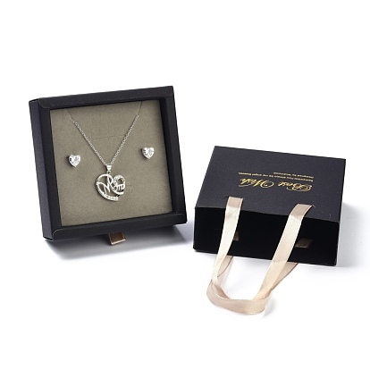 Boîte à bijoux en papier, avec poignées en éponge noire et ruban polyester, pour les colliers et boucles d'oreilles, carrée