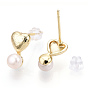 Brass Heart & Natural Pearl Stud Earrings, with 925 Sterling Silver Pins