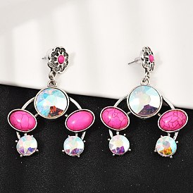 Серьги-гвоздики из сплава синтетической бирюзы, плоский круглый с овальным, со стеклом