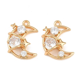 Brass Micro Pave Clear Cubic Zirconia Pendants, Moon with Star Charms