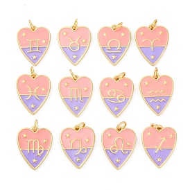 Brass Enamel Pendants, with Jump Ring, Real 14K Gold Plated, Heart with Twelve Constellations Charm