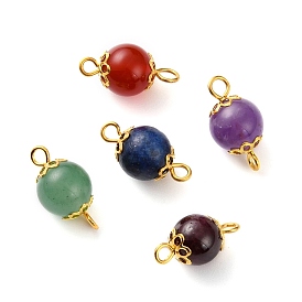 Mixed Stone Links Connectors, with Golden Tone Iron Eye Pin and Iron Bead Caps, Round
