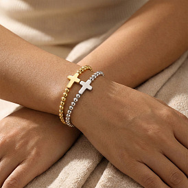 Набор эластичных браслетов из латуни и бусин из нержавеющей стали, крестик ювелирные изделия для женщин мужчин