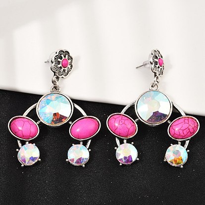 Серьги-гвоздики из сплава синтетической бирюзы, плоский круглый с овальным, со стеклом