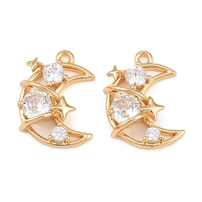 Brass Micro Pave Clear Cubic Zirconia Pendants, Moon with Star Charms