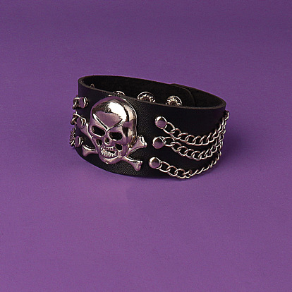 Leather Cord Bracelet, Alloy Skull & Chains Tassel Studded Bracelets