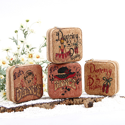Portable Dancing Girl Print Square Cork Wood Jewelry Packaging Zipper Box for Necklaces Earrings Storage