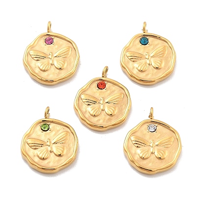 304 из нержавеющей стали горный хрусталь подвески, плоская круглая бабочка, ионное покрытие (ip), реальный 14 k позолоченный