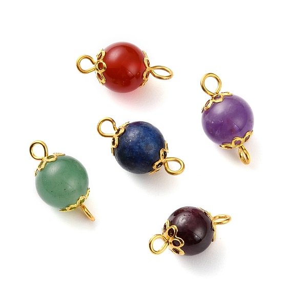 Mixed Stone Links Connectors, with Golden Tone Iron Eye Pin and Iron Bead Caps, Round