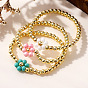 3Pcs 3 Colors Glass Flower Brass Round Beaded Stretch Bracelet Sets, Adjustable Stackable Bracelets for Women, Golden