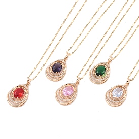 304 Stainless Steel Cable Chain Necklaces, Brass with Cubic Zirconia Pendant Necklaces, Real 18K Gold Plated, Teardrop