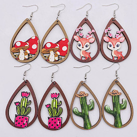 Hollow Cactus Wooden Earrings Elk Mushroom Print Personality Cute Plant Earrings