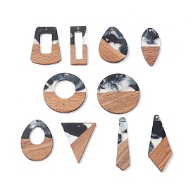 Resin & Walnut Wood Pendants, Two Tone Geometric Charms, Kite/Horse Eye/Trapezoid/Rectangle/Teardrop/Ring/Triangle/Flat Round/Sword