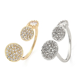Brass Micro Pave Cubic Zirconia Cuff Rings, Flat Round Open Rings for Women, Long-Lasting Plated