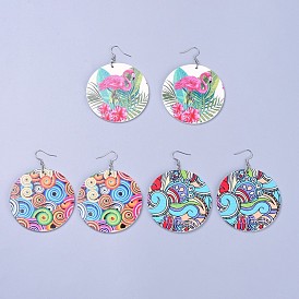 Printed Wooden Dangle Earring, with 304 Stainless Steel Earring Hooks, Flat Round