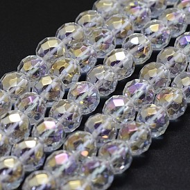 Electroplated Natural Quartz Crystal Beads Strands, AB color Plated, Faceted, Round