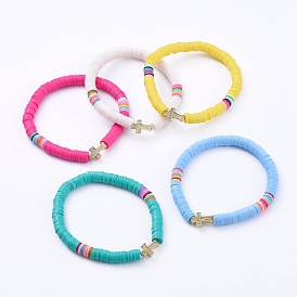 Handmade Polymer Clay Heishi Bead Stretch Bracelets, with Cross Brass Micro Pave Clear Cubic Zirconia Beads