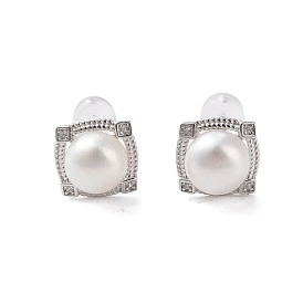 925 Sterling Silver Studs Earring, with Cubic Zirconia and Natural Pearl, Square