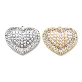 Латунные микро проложить кубического циркония подвески, сердце прелести, с пластмассовой жемчужиной abs, стойки покрытие, долговечный, без свинца и без кадмия