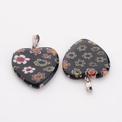 Handmade Millefiori Glass Pendants, with Iron Clasps, Heart