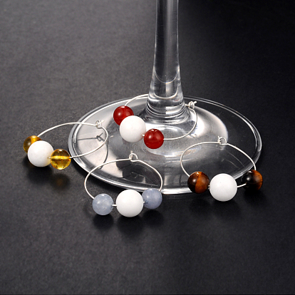 Natural Gemstone Wine Glass Charms, with Brass Wine Glass Charm Rings Hoop Earrings, 30mm