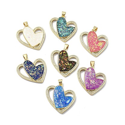 Brass Micro Pave Clear Cubic Zirconia Pendants, Cadmium Free & Lead Free, with Sythetic Opal, Double Heart, Real 18K Gold Plated