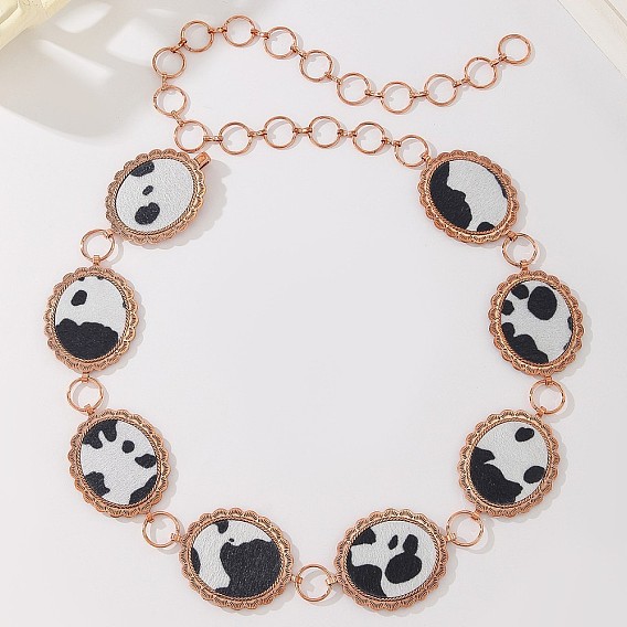 Сплав с имитацией кожи с коровьим принтом овальные звенья цепи на талию и живот для женщин, черно-белые