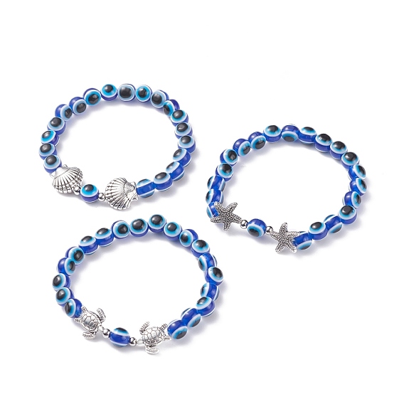 3Pcs 3 Style Evil Eye Resin Beaded Stretch Bracelets Set with Sea Turtle & Starfish & Shell for Women, Antique Silver