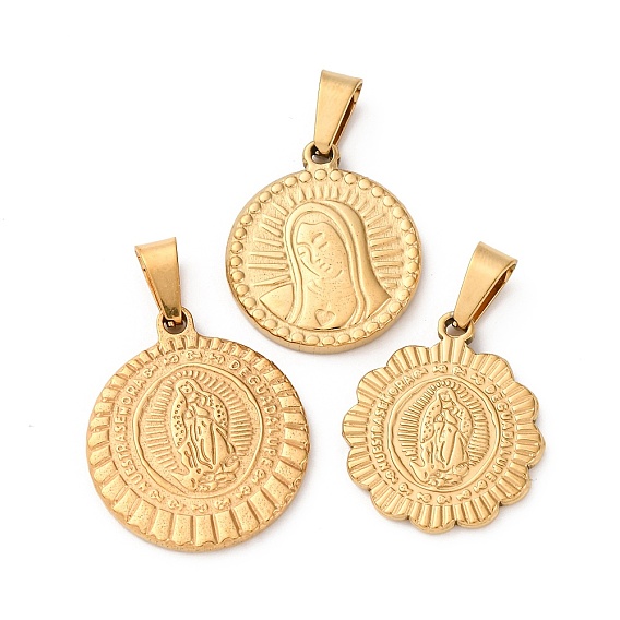 201 подвески из нержавеющей стали, вакуумное покрытие pvd, плоский круглый с шармом Девы Марии