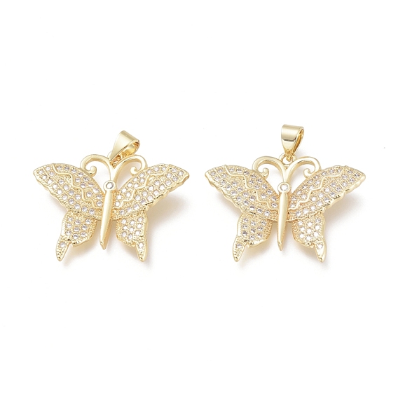 Brass Micro Pave Clear Cubic Zirconia Pendants, Cadmium Free & Lead Free, Butterfly