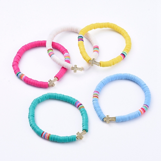 Handmade Polymer Clay Heishi Bead Stretch Bracelets, with Cross Brass Micro Pave Clear Cubic Zirconia Beads