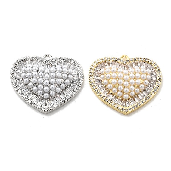 Латунные микро проложить кубического циркония подвески, сердце прелести, с пластмассовой жемчужиной abs, стойки покрытие, долговечный, без свинца и без кадмия