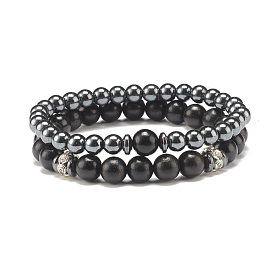 2Pcs 2 Style Synthetic Hematite & Natural Wood Beaded Stretch Bracelets Set, Gemstone Jewelry for Women