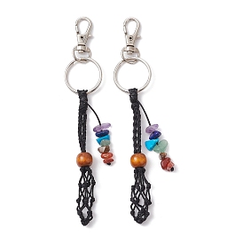 Porte-clés pochette en nylon tressé, avec des perles de pierres précieuses chakra et des fermoirs pivotants en alliage, un mousqueton pour lanière