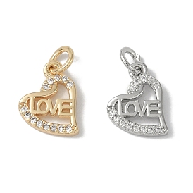 Brass Micro Pave Clear Cubic Zirconia Pendants, Heart, with Jump Ring