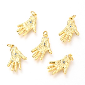 Brass Micro Pave Royal Blue Cubic Zirconia Pendants, with Jump Rings, Hand with Eye