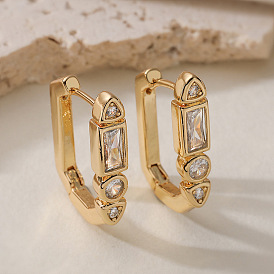 Латунные серьги-кольца из прозрачного кубического циркония, прямоугольник с треугольником