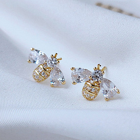 Charming Bee CZ Stud Earrings in Sterling Silver - Floral Design, Trendy & Petite
